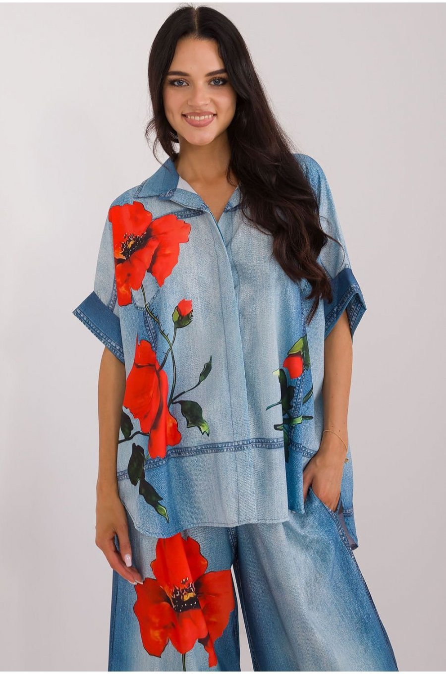 Camasa dama oversize, bleu cu maci, cu maneca scurta, Hysminai Camasa dama oversize, bleu cu maci, cu maneca scurta, Hysminai 1 - jojofashion.ro