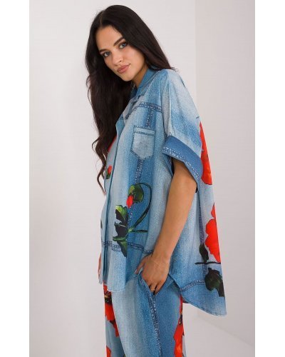 Camasi dama, Camasa dama oversize, bleu cu maci, cu maneca scurta, Hysminai - jojofashion.ro