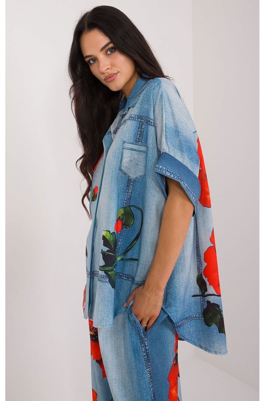Camasa dama oversize, bleu cu maci, cu maneca scurta, Hysminai Camasa dama oversize, bleu cu maci, cu maneca scurta, Hysminai 2 - jojofashion.ro