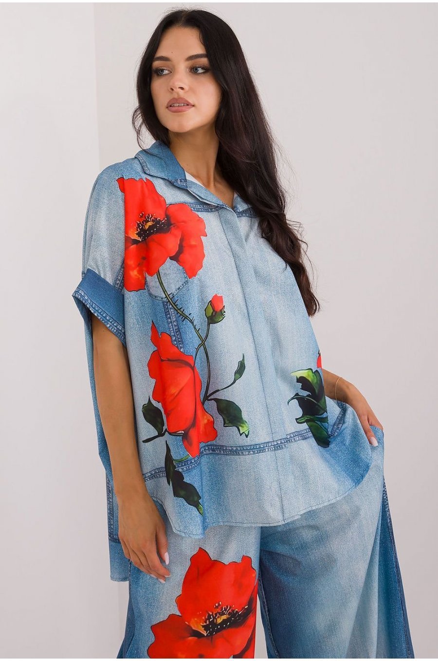 Camasa dama oversize, bleu cu maci, cu maneca scurta, Hysminai Camasa dama oversize, bleu cu maci, cu maneca scurta, Hysminai 3 - jojofashion.ro