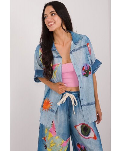 Camasi dama, Camasa dama oversize, bleu cu print multicolor, cu maneca scurta, Hysminai2 - jojofashion.ro
