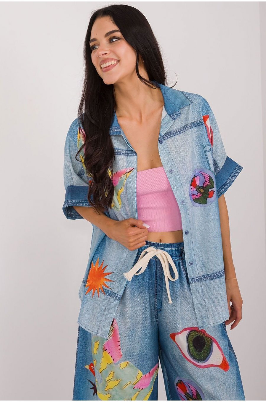 Camasa dama oversize, bleu cu print multicolor, cu maneca scurta, Hysminai2 1 - jojofashion.ro