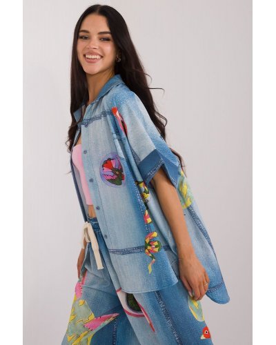 Camasi dama, Camasa dama oversize, bleu cu print multicolor, cu maneca scurta, Hysminai2 - jojofashion.ro