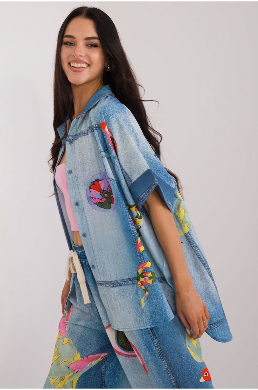Camasa dama oversize, bleu cu print multicolor, cu maneca scurta, Hysminai2 2 - jojofashion.ro