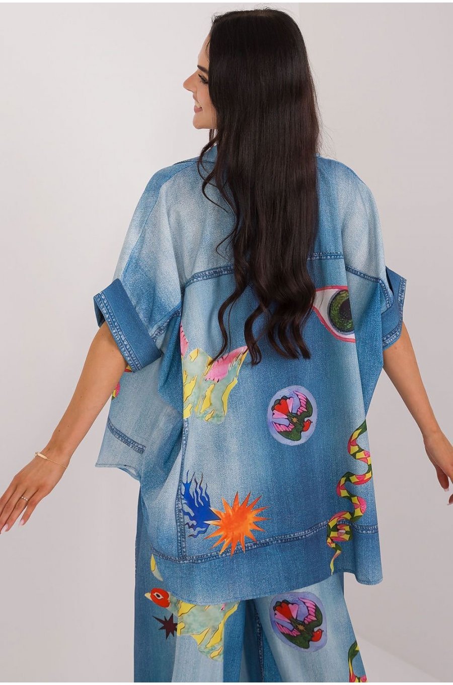 Camasa dama oversize, bleu cu print multicolor, cu maneca scurta, Hysminai2 3 - jojofashion.ro