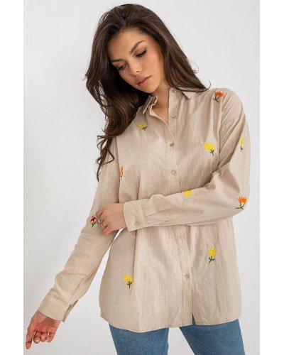 Camasi dama, Camasa dama oversize, din bumbac, bej, cu maneca lunga si flori multicolore, Flower - jojofashion.ro