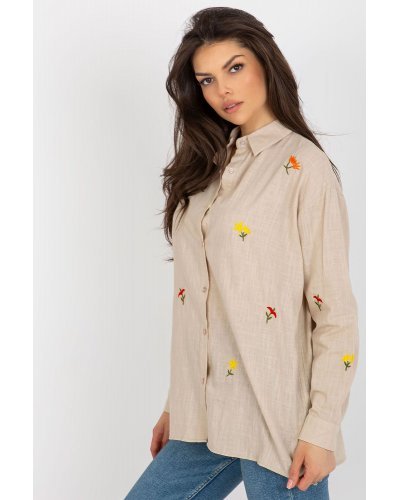 Camasi dama, Camasa dama oversize, din bumbac, bej, cu maneca lunga si flori multicolore, Flower - jojofashion.ro