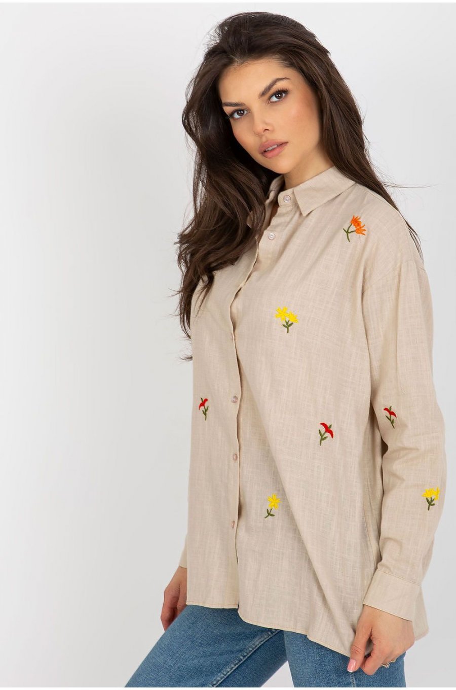 Camasa dama oversize, din bumbac, bej, cu maneca lunga si flori multicolore, Flower 2 - jojofashion.ro
