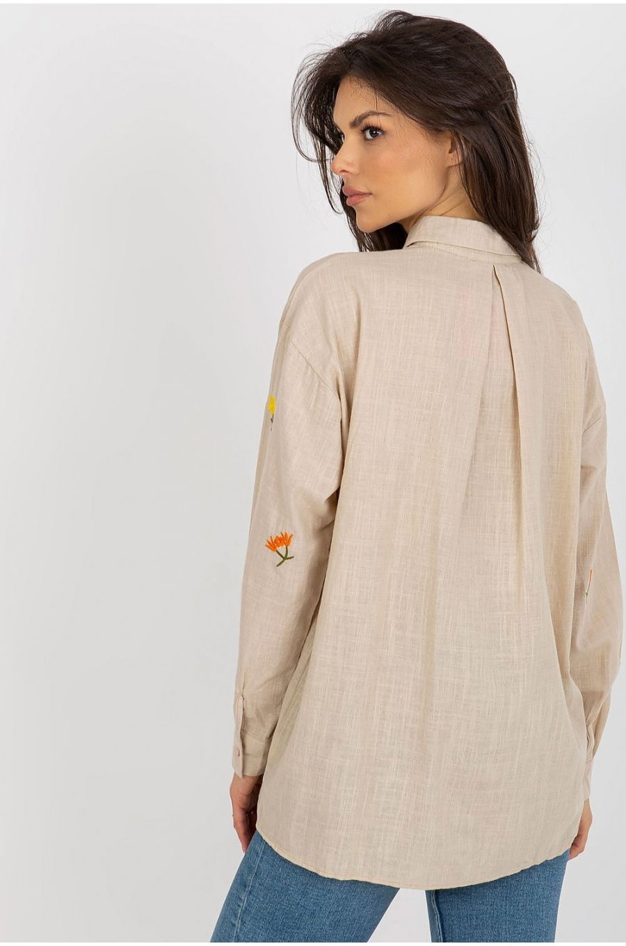 Camasa dama oversize, din bumbac, bej, cu maneca lunga si flori multicolore, Flower 3 - jojofashion.ro