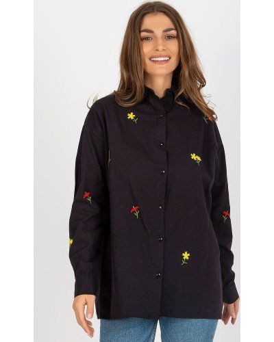 Camasi dama, Camasa dama oversize, din bumbac, neagra, cu maneca lunga si flori multicolore, Flower - jojofashion.ro