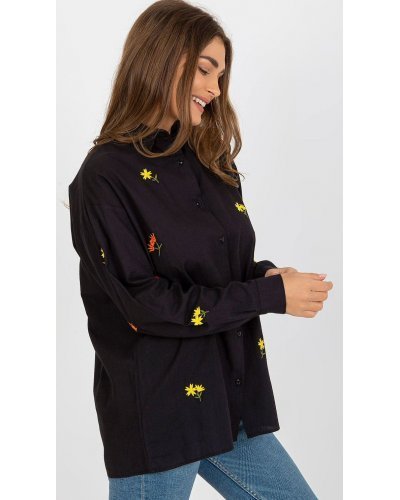 Camasi dama, Camasa dama oversize, din bumbac, neagra, cu maneca lunga si flori multicolore, Flower - jojofashion.ro