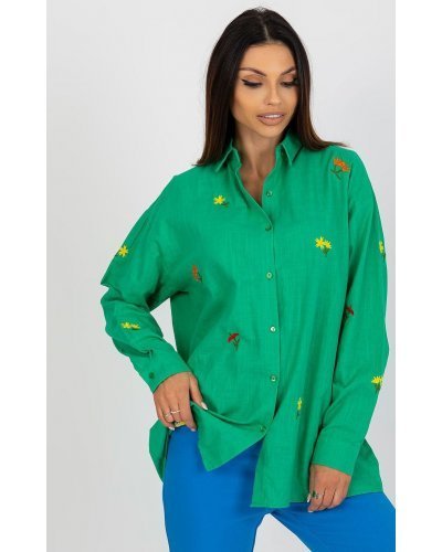 Camasi dama, Camasa dama oversize, din bumbac, verde, cu maneca lunga si flori multicolore, Flower - jojofashion.ro