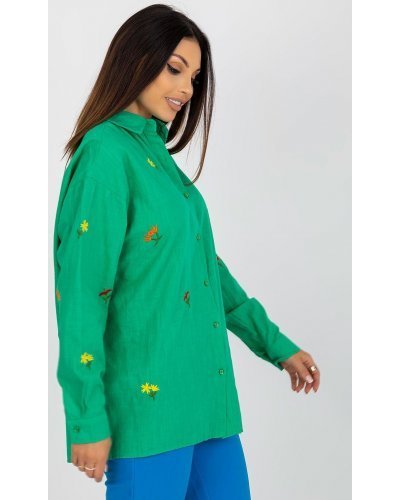 Camasi dama, Camasa dama oversize, din bumbac, verde, cu maneca lunga si flori multicolore, Flower - jojofashion.ro