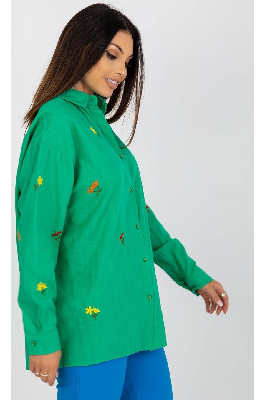 Camasa dama oversize, din bumbac, verde, cu maneca lunga si flori multicolore, Flower 2 - jojofashion.ro