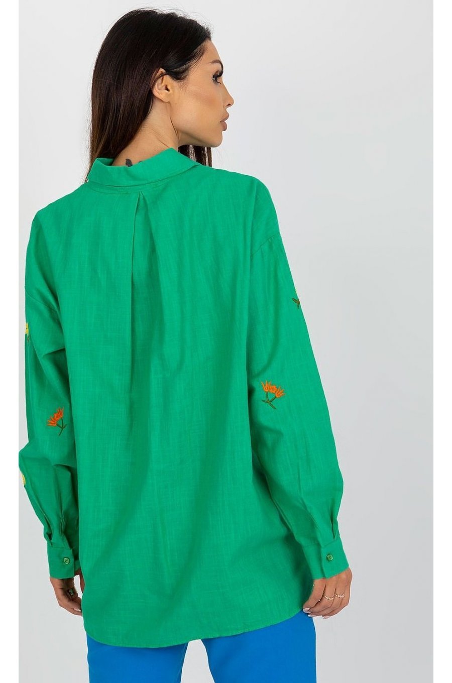 Camasa dama oversize, din bumbac, verde, cu maneca lunga si flori multicolore, Flower 3 - jojofashion.ro