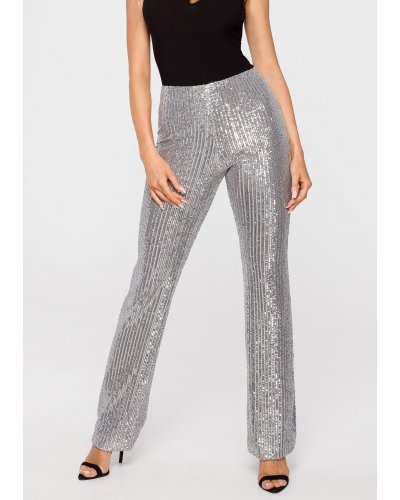 Pantaloni dama, eleganti, argintii, paiete, evazati, Hama Pantaloni dama, eleganti, argintii, paiete, evazati, Hama - jojofashion.ro