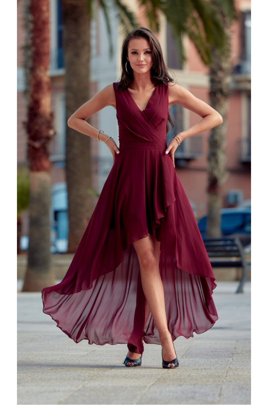 Rochie de ocazie lunga, din voal burgundy, asimetrica, vaporoasa, petrecuta, Fiona 1 - jojofashion.ro