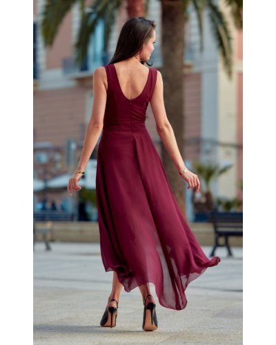 Rochie lunga din voal burgundy asimetrica vaporoasa petrecuta Fiona Rochii vaporoase, Rochie lunga din voal burgundy asimetrica vaporoasa petrecuta Fiona - jojofashion.ro