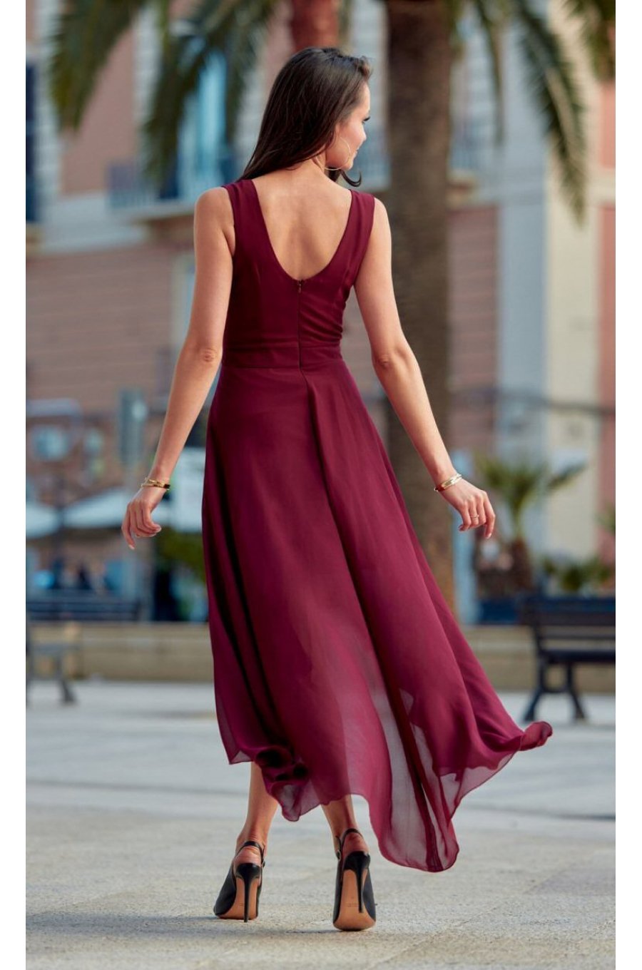 Rochie de ocazie lunga, din voal burgundy, asimetrica, vaporoasa, petrecuta, Fiona 2 - jojofashion.ro