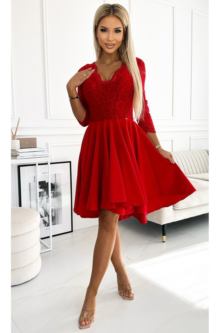 Rochie midi rosie din dantela Anastasia  1 - jojofashion.ro