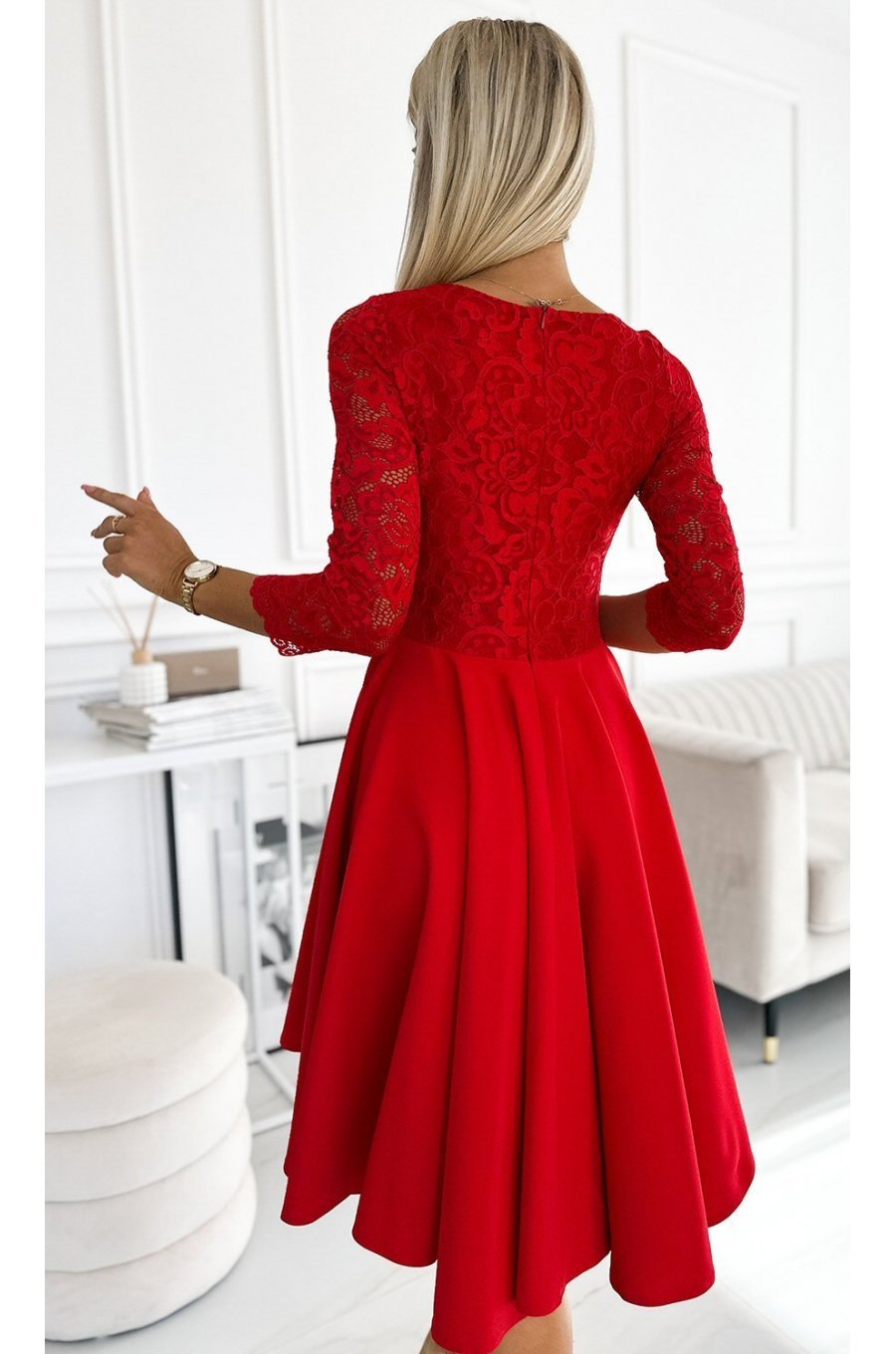 Rochie midi rosie din dantela Anastasia  2 - jojofashion.ro