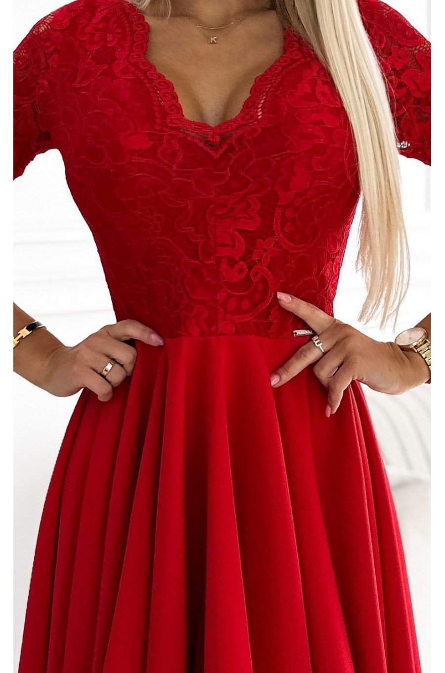 Rochie midi rosie din dantela Anastasia  4 - jojofashion.ro