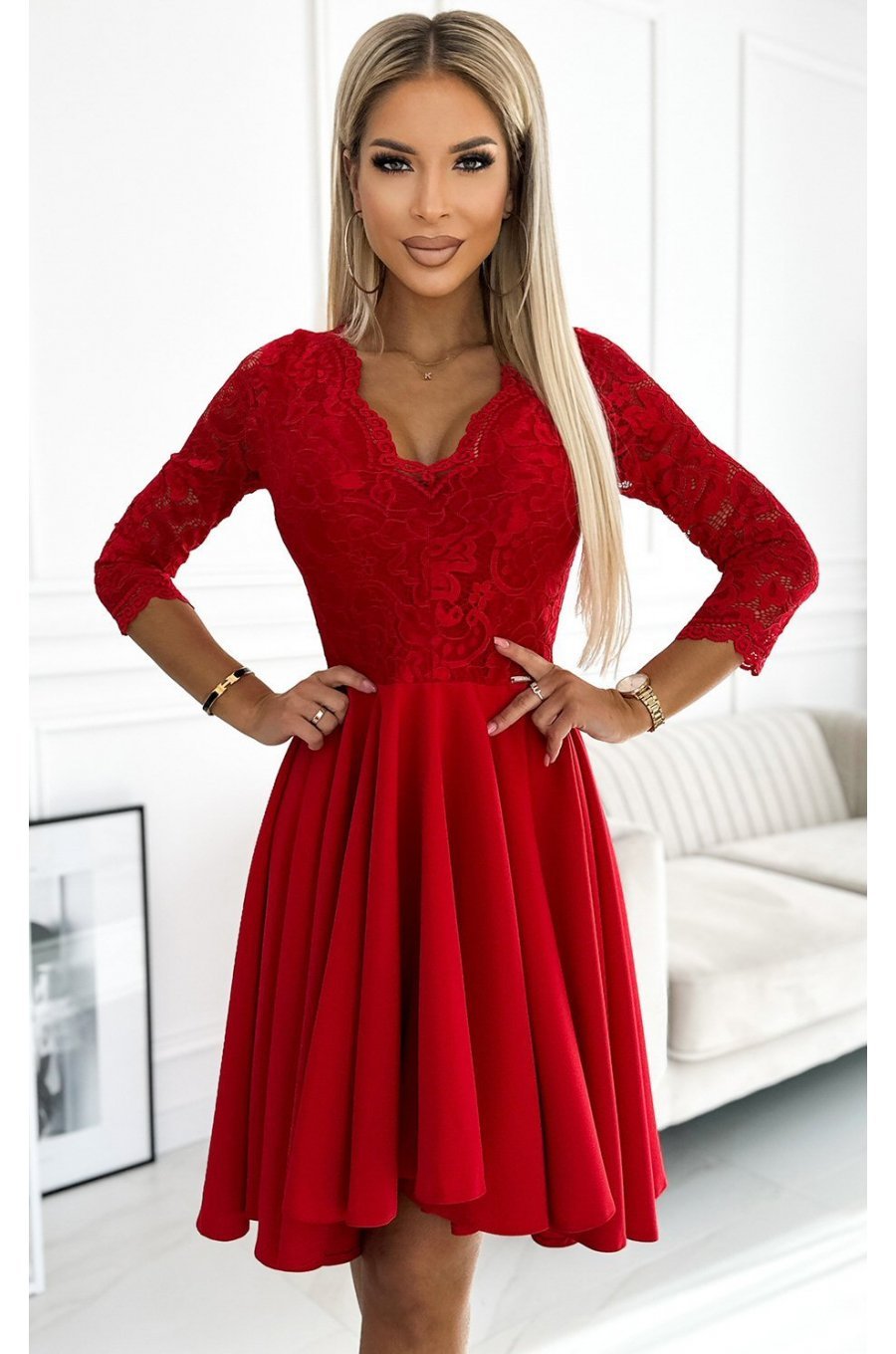 Rochie midi rosie din dantela Anastasia  3 - jojofashion.ro