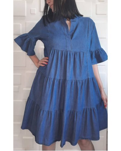 Rochie casual, midi, denim albastru, cu volane, Camelly Rochii, Rochie casual, midi, denim albastru, cu volane, Camelly - jojofashion.ro
