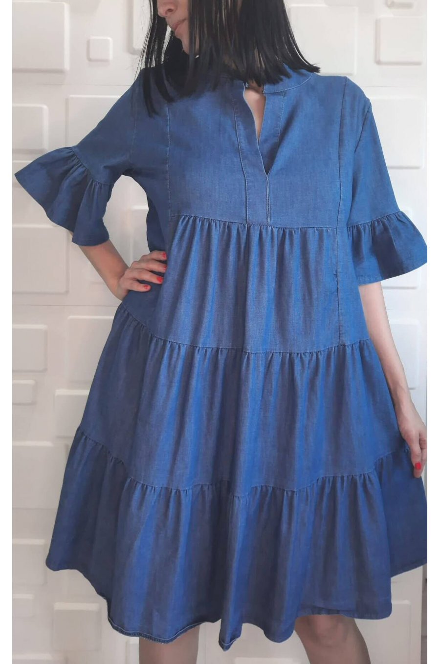Rochie casual, midi, denim albastru, cu volane, Camelly 2 - jojofashion.ro