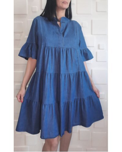 Rochie casual, midi, denim albastru, cu volane, Camelly Rochii, Rochie casual, midi, denim albastru, cu volane, Camelly - jojofashion.ro