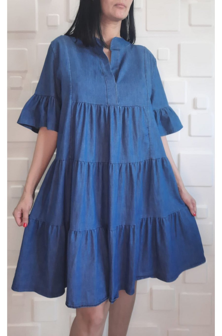 Rochie casual, midi, denim albastru, cu volane, Camelly 1 - jojofashion.ro