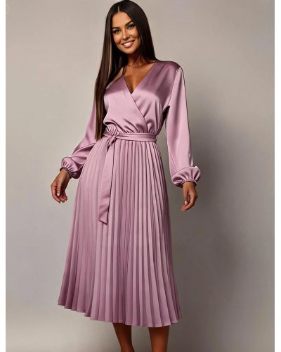 Rochii de Ocazie Elegante, Rochie din satin lila plisata suprapusa Calypso - jojofashion.ro