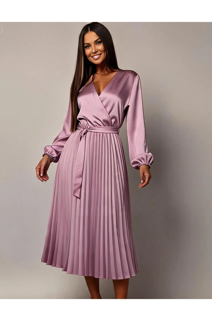 Rochie din satin lila plisata suprapusa Calypso 1 - jojofashion.ro