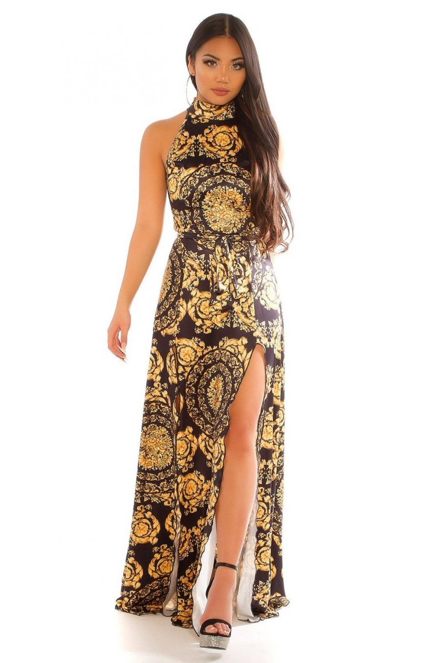 Rochie ocazie lunga cu imprimeu baroc negru galben Callida 1 - jojofashion.ro