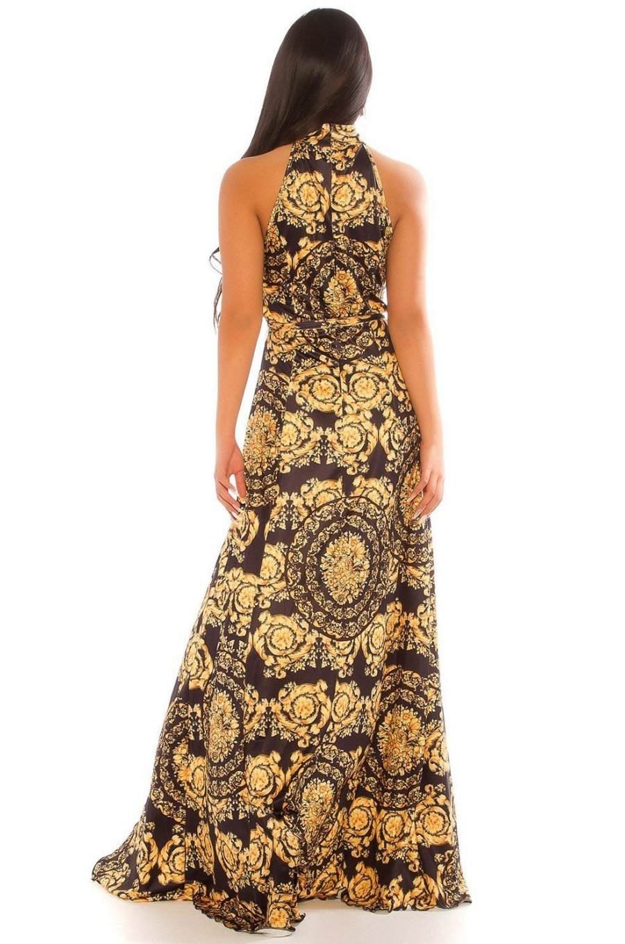 Rochie ocazie lunga cu imprimeu baroc negru galben Callida 2 - jojofashion.ro