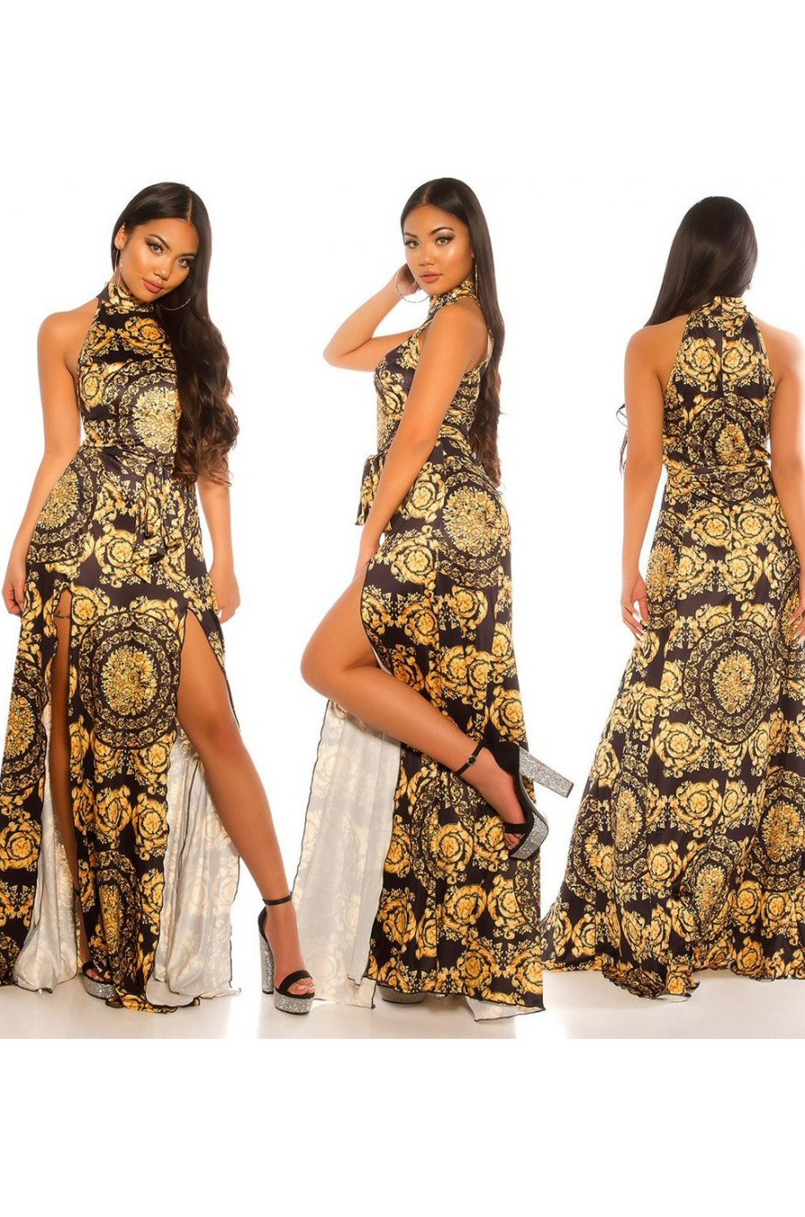 Rochie ocazie lunga cu imprimeu baroc negru galben Callida 4 - jojofashion.ro