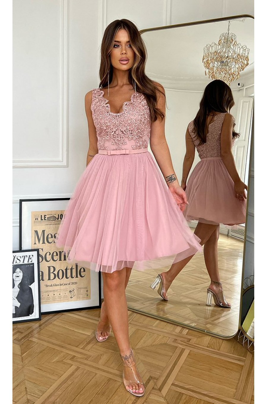 Rochie scurta cu tul si broderie roz pudra Ecaterina 3 - jojofashion.ro