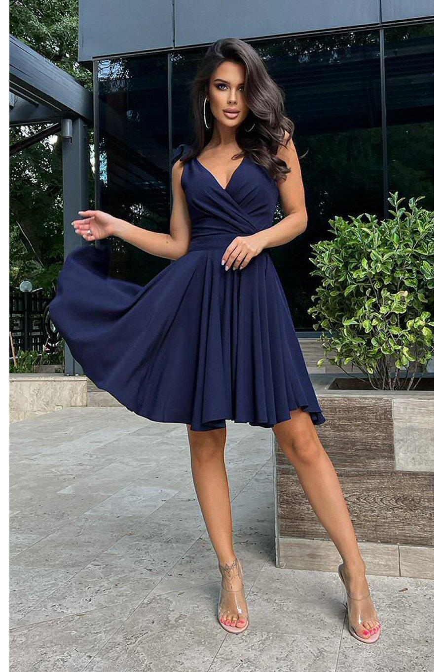 Rochie baby doll scurta din vascoza bleumarin Katalina 1 - jojofashion.ro