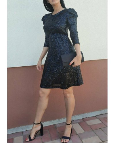 Rochii de Ocazie Elegante, Rochie scurta neagra din paiete cu maneca lunga Livya - jojofashion.ro