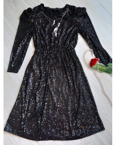 Rochii de Ocazie Elegante, Rochie scurta neagra din paiete cu maneca lunga Livya - jojofashion.ro