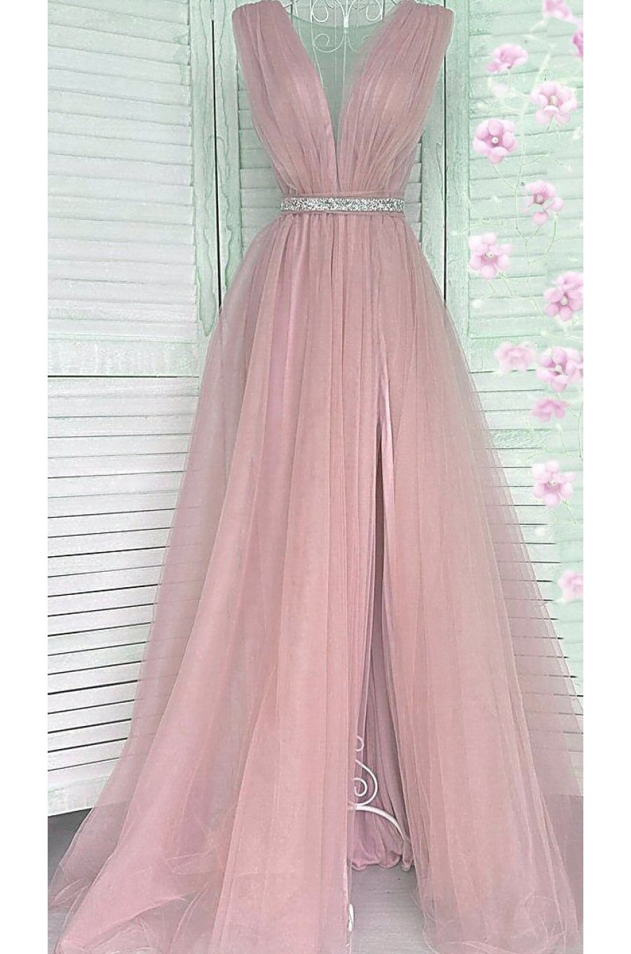 Rochie de ocazie eleganta lunga cu tul roz pal Adele 1 - jojofashion.ro