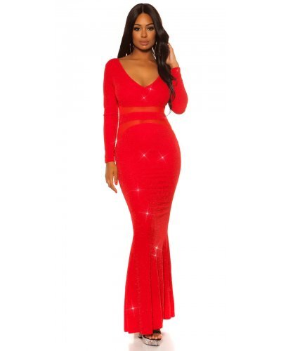 Rochie lunga rosie mulata din lurex cu maneca lunga Akma Rochii lungi, Rochie lunga rosie mulata din lurex cu maneca lunga Akma - jojofashion.ro