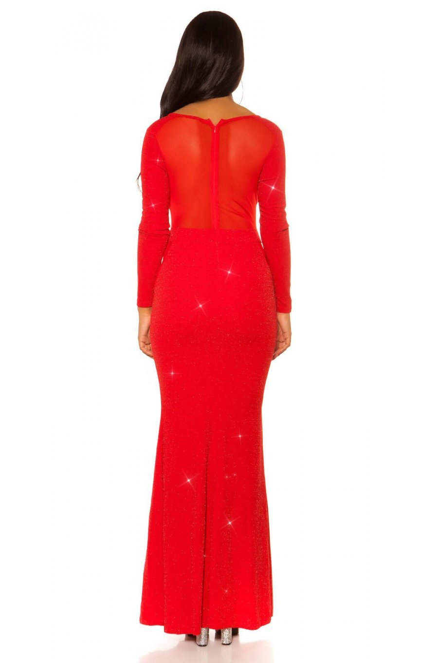 Rochie lunga rosie mulata din lurex cu maneca lunga Akma 3 - jojofashion.ro