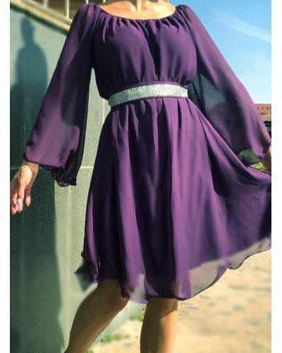 Rochie midi de ocazie din voal mov pruna fluida Vanessa Rochii cununie civila, Rochie midi de ocazie din voal mov pruna fluida Vanessa - jojofashion.ro