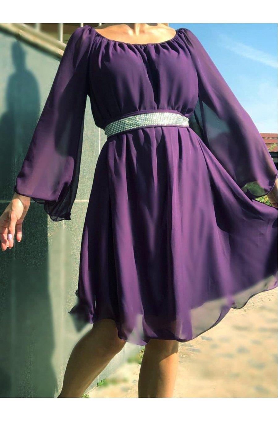 Rochie midi de ocazie din voal mov pruna fluida Vanessa 1 - jojofashion.ro