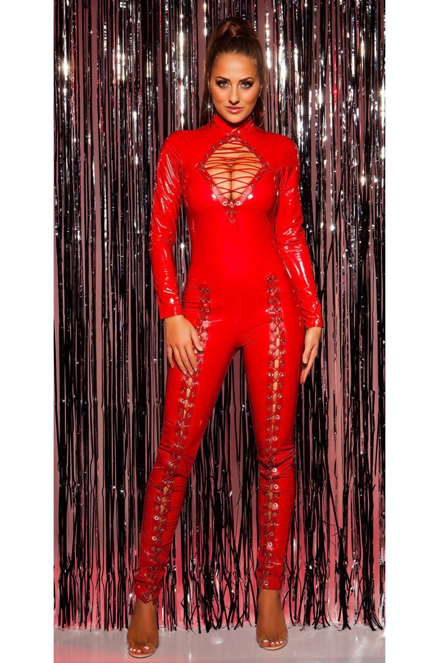 Salopeta rosie din latex Lexi 1 - jojofashion.ro