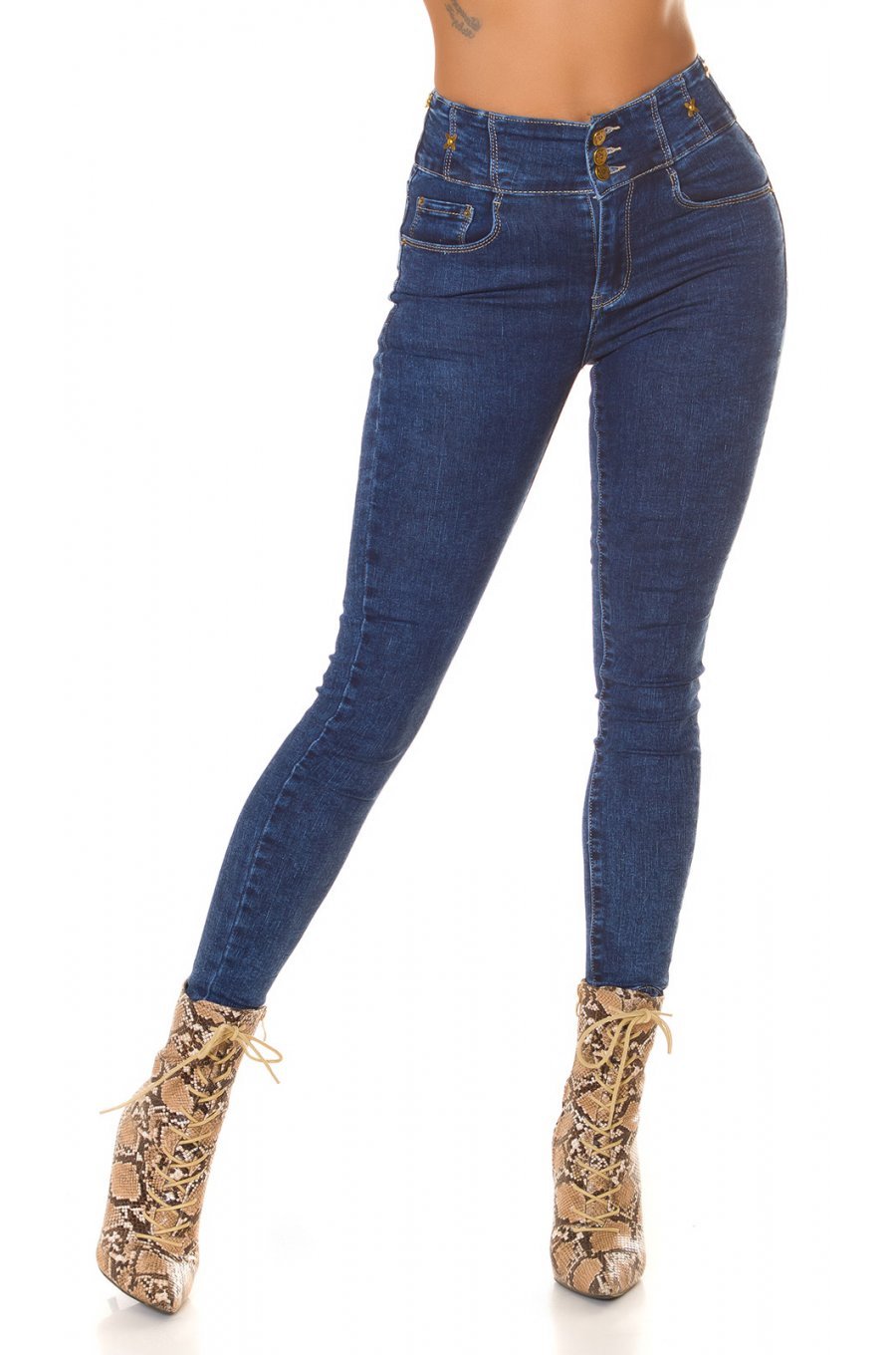 Blugi dama skinny, albastri, denim, talie inalta, mulati,  Bloomy 1 - jojofashion.ro