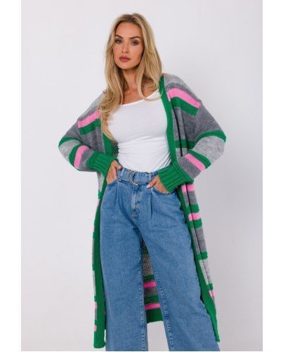 Cardigan dama midi, din acryl, gri cu dungi multicolore, Fatime Cardigan dama midi, din acryl, gri cu dungi multicolore, Fatime - jojofashion.ro