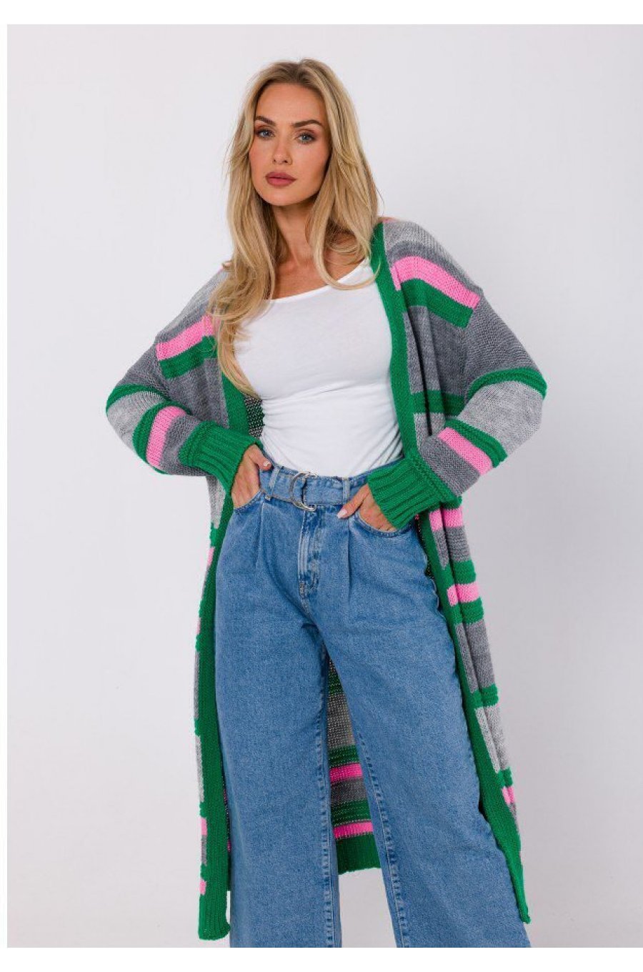 Cardigan dama midi, din acryl, gri cu dungi multicolore, Fatime Cardigan dama midi, din acryl, gri cu dungi multicolore, Fatime 1 - jojofashion.ro