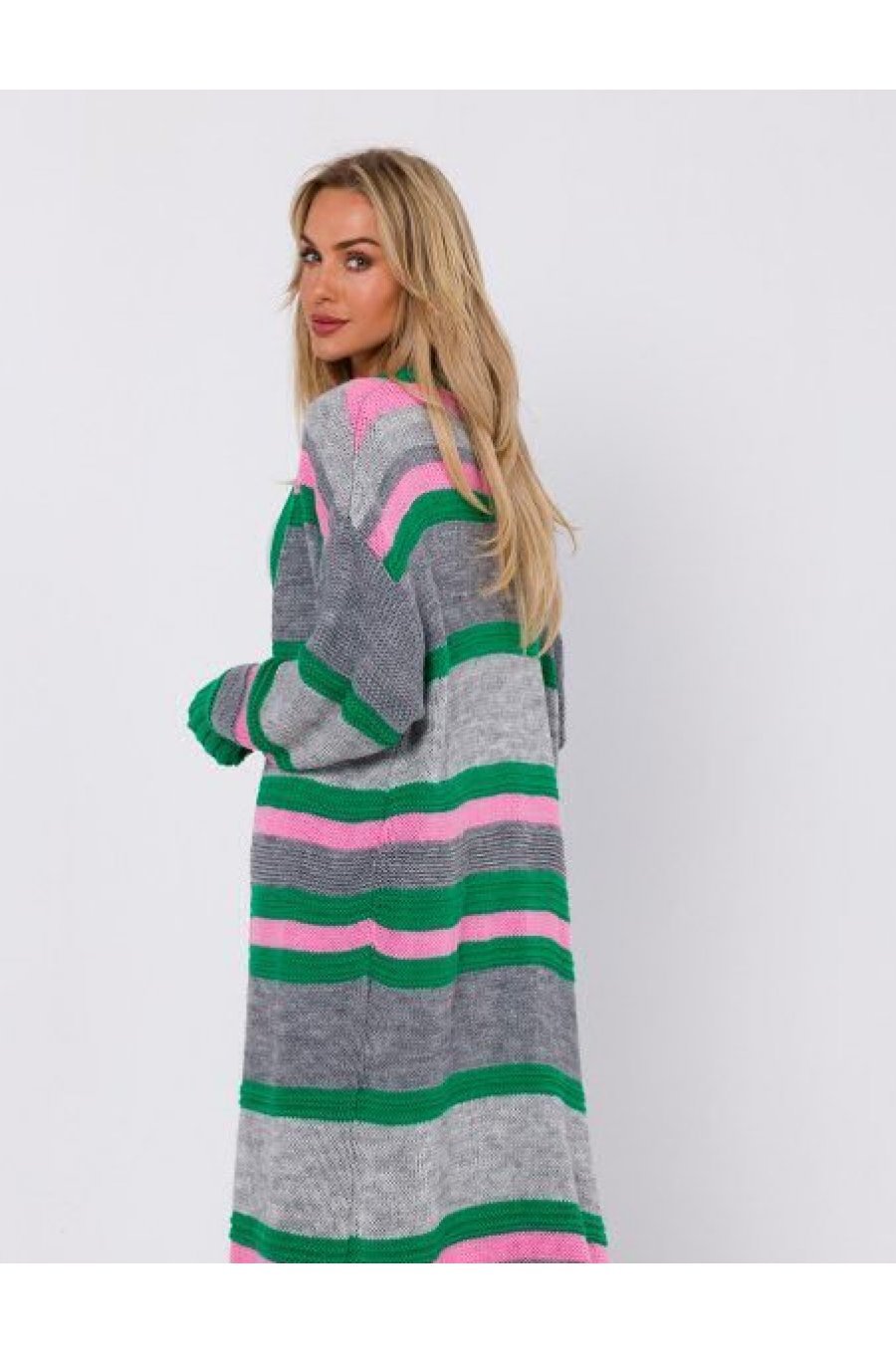 Cardigan dama midi, din acryl, gri cu dungi multicolore, Fatime Cardigan dama midi, din acryl, gri cu dungi multicolore, Fatime 2 - jojofashion.ro